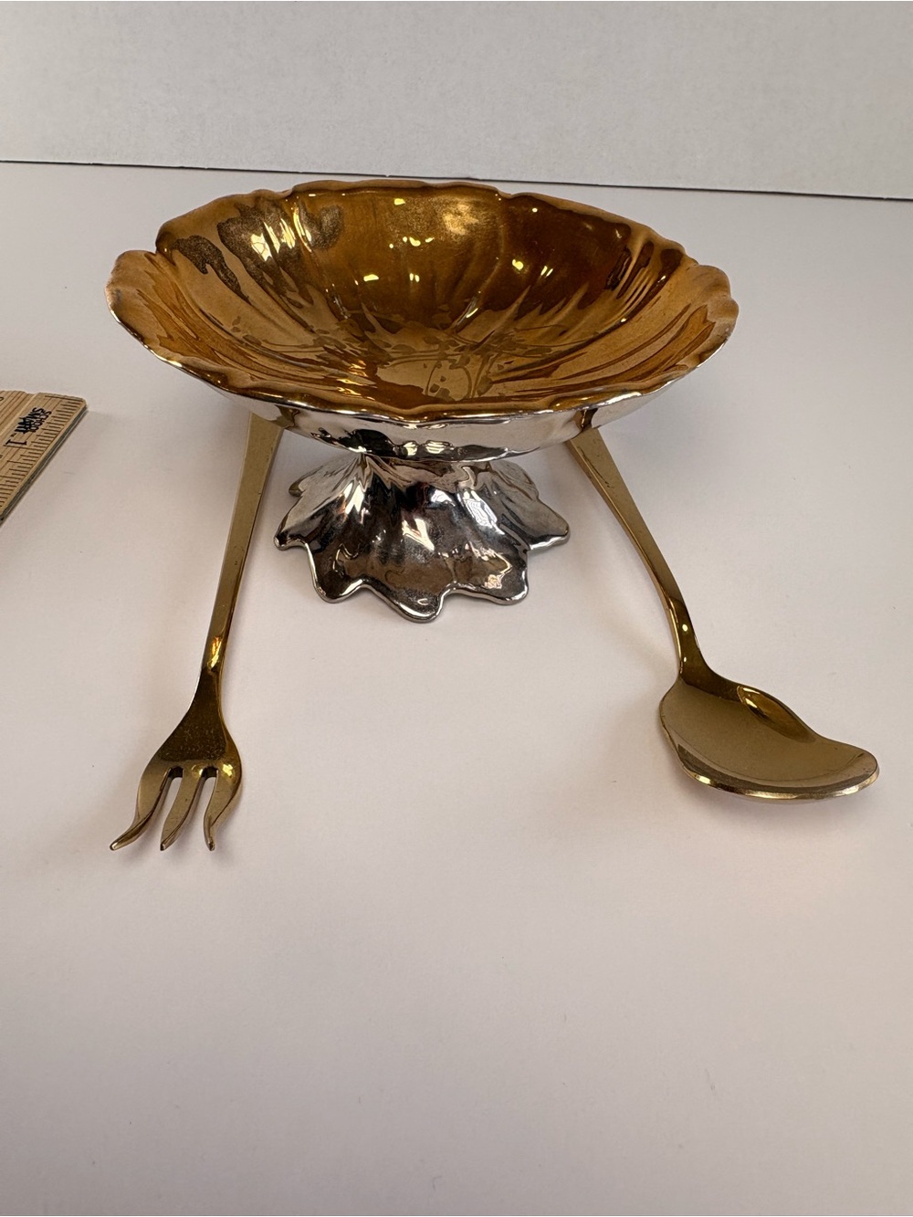 🍬 Vintage Copper Luster Pedestal Serving Dish with Spoon & Fork Czechoslovakia